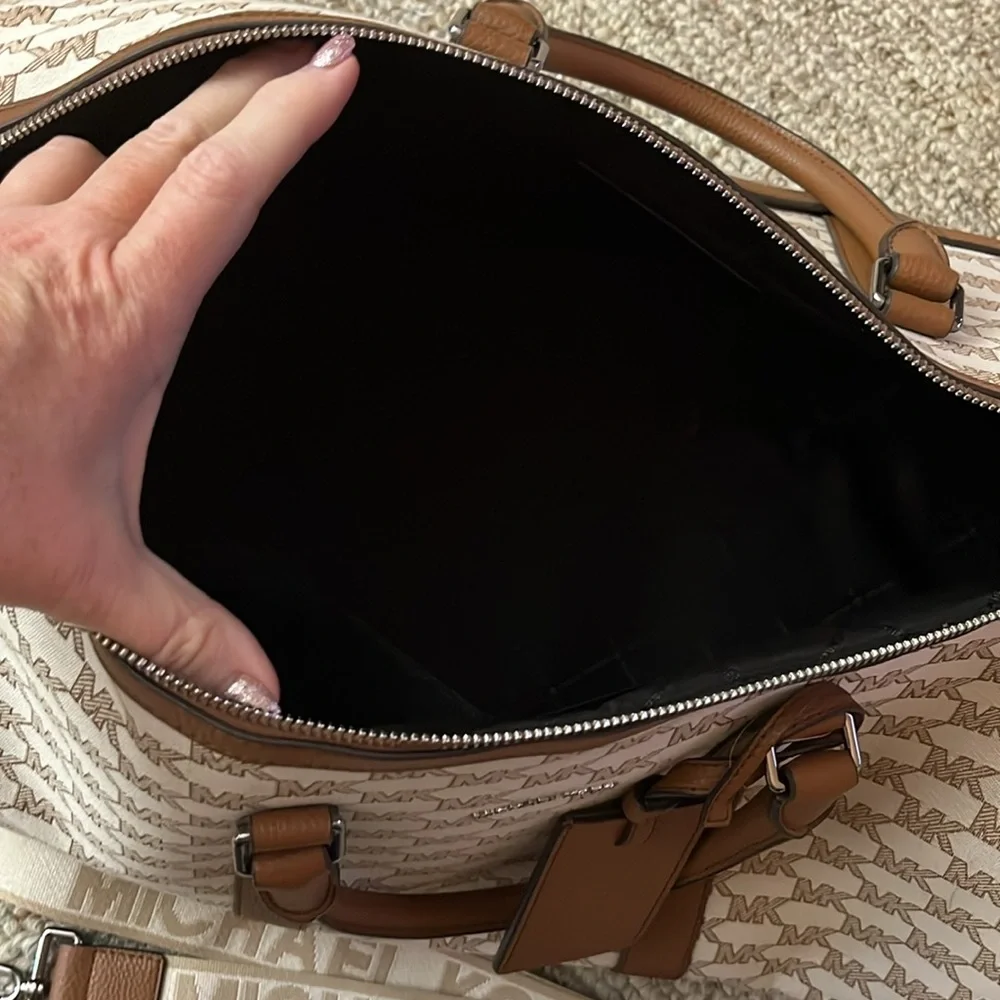 Michael Kors Brown and Cream Duffel Bag with Leather Trim
